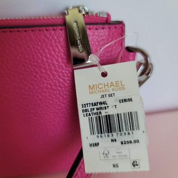 MICHAEL KORS Jet Set Double Zip Pebbled Leather Wristlet- Cerise 🎈$114.⭐ - Picture 16 of 16